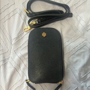 Tory Burch Black and Gold Pebbled Leather Wristlet